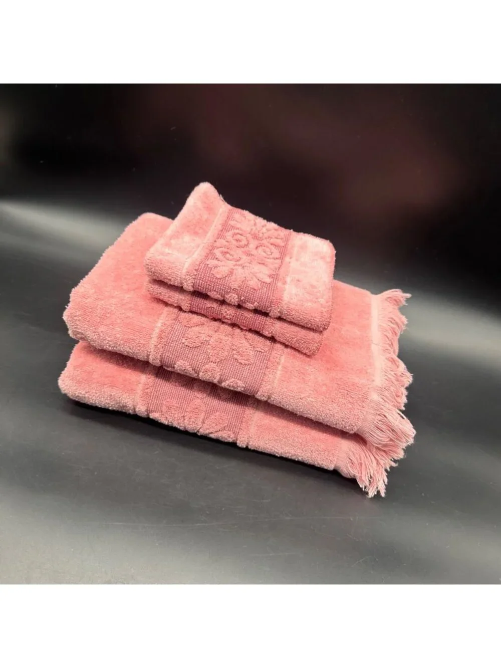 Vintage Pink Cannon Bath Towels Washcloths Set Sculpted Seashell Fringe 80s USA